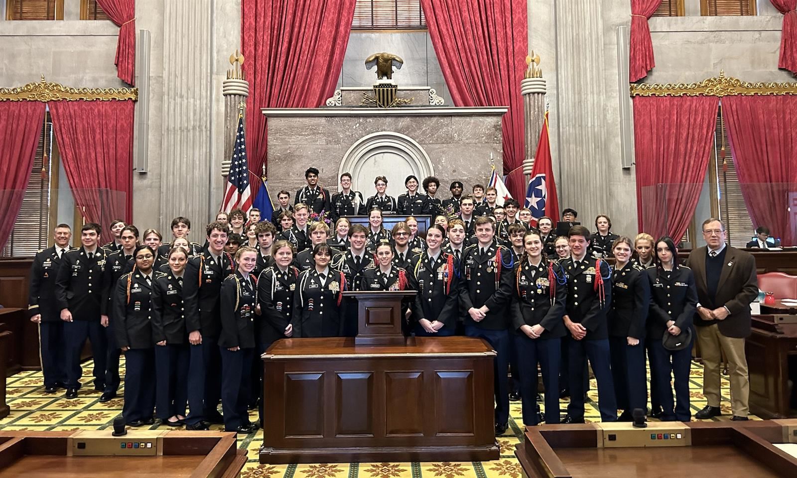 JROTC cadets stand in the House Chamber of the Tennessee Capitol